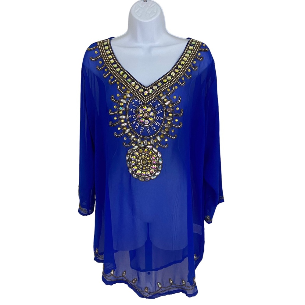 Anjli Sheer Cover Up Beaded Bohemian Jeweled Size 38 Swim Beach Vacation Sz 8